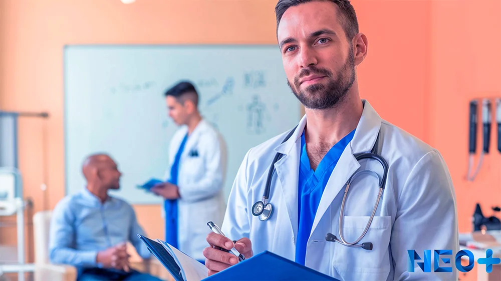 Врач стоит с папкой